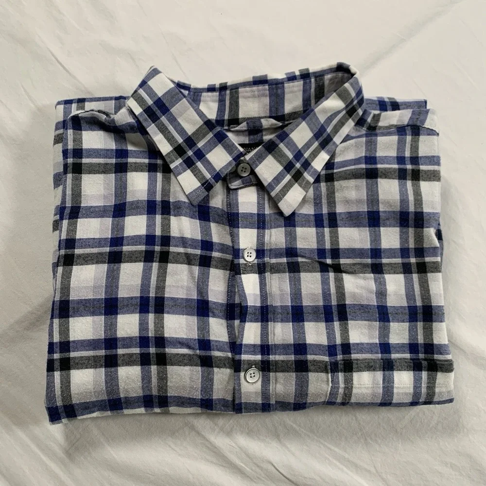 Banana Republic Men's Lg White Blue Black Plaid Button Down Shirt Standard Fit‎